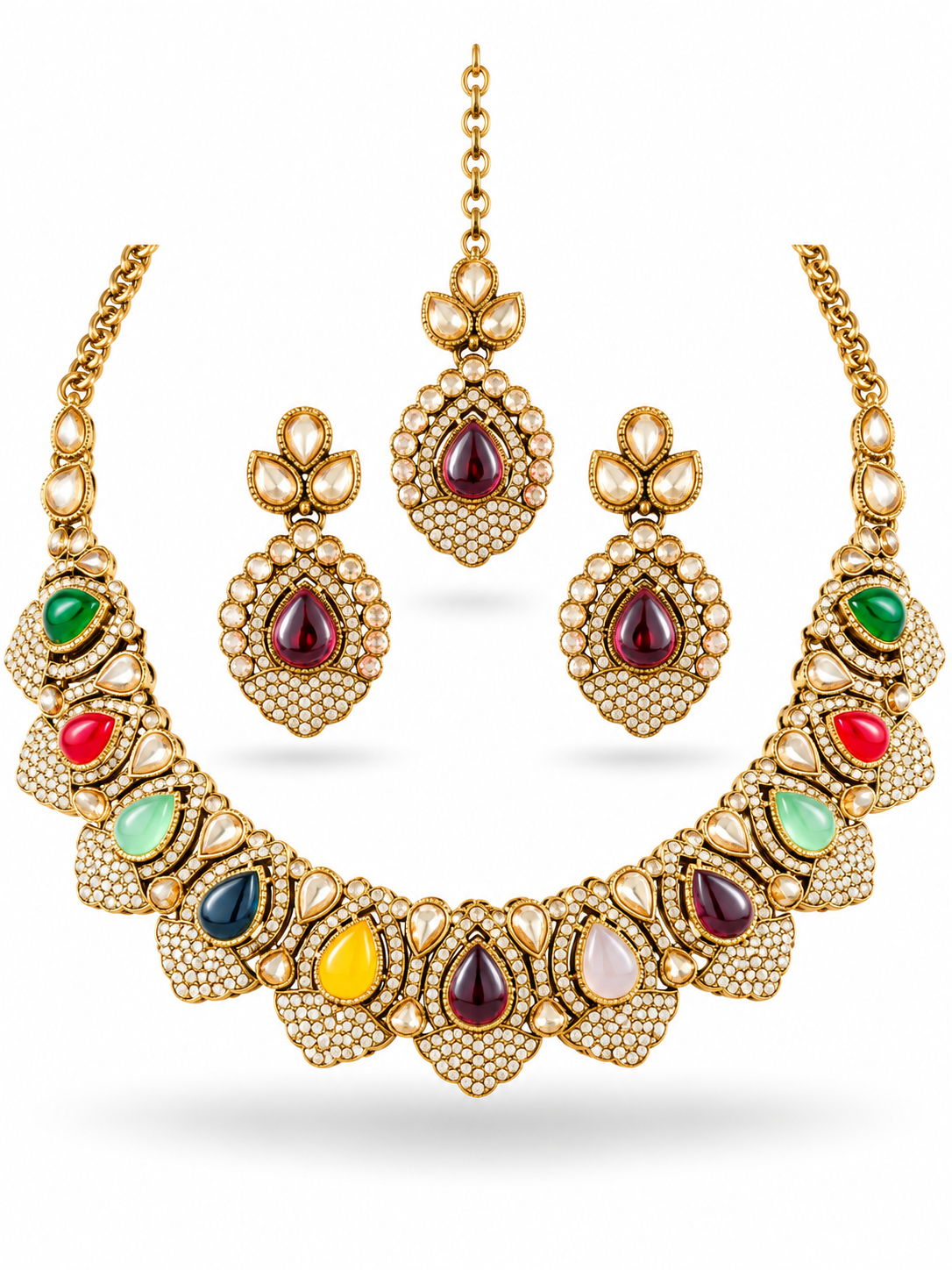 Antique Gold Multi-Colour Gemstone Cabochon CZ Pave Bridal Jewellery Set Necklace Earrings Forehead Chain