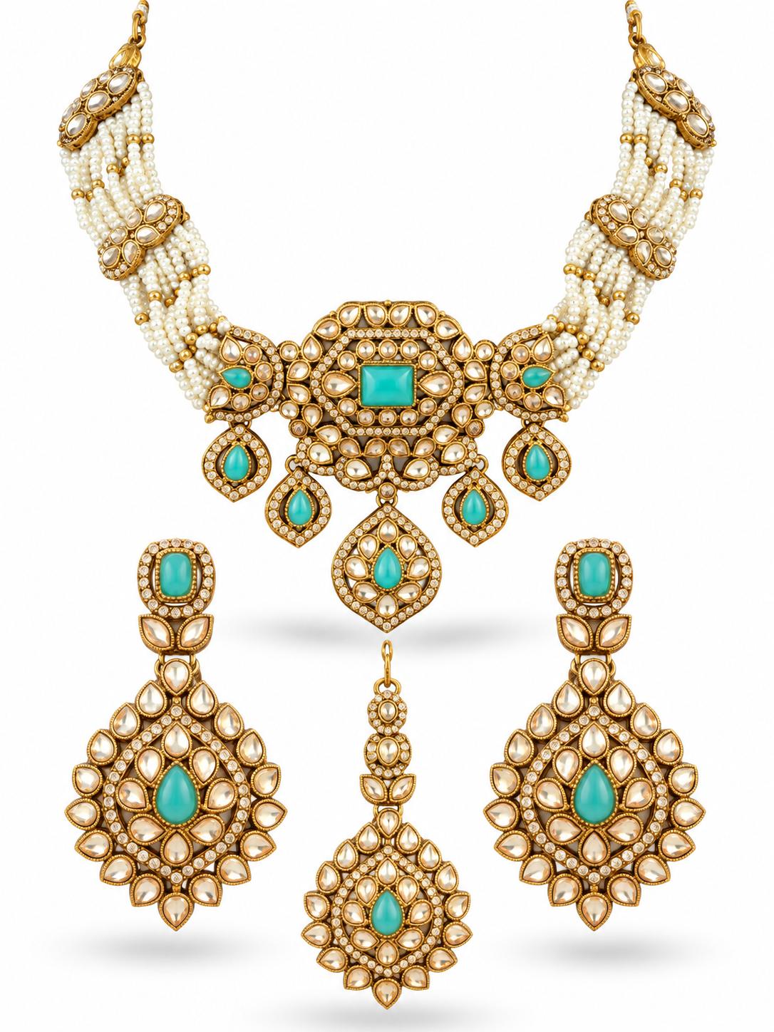 Antique Gold Emerald Green Oval Cabochon Medallion Pearl Bead Bridal Jewellery Set Necklace Bell Drop Earrings Forehead Chain