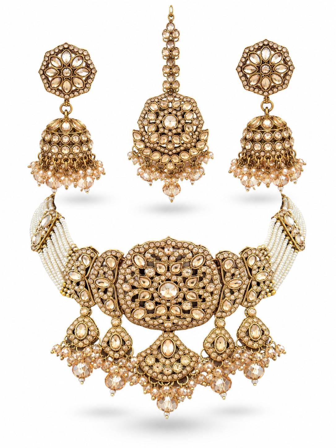 Antique Gold Champagne Flat Stone Oval Medallion Pearl Strand Bridal Jewellery Set Necklace Dome Bell Earrings Forehead Chain