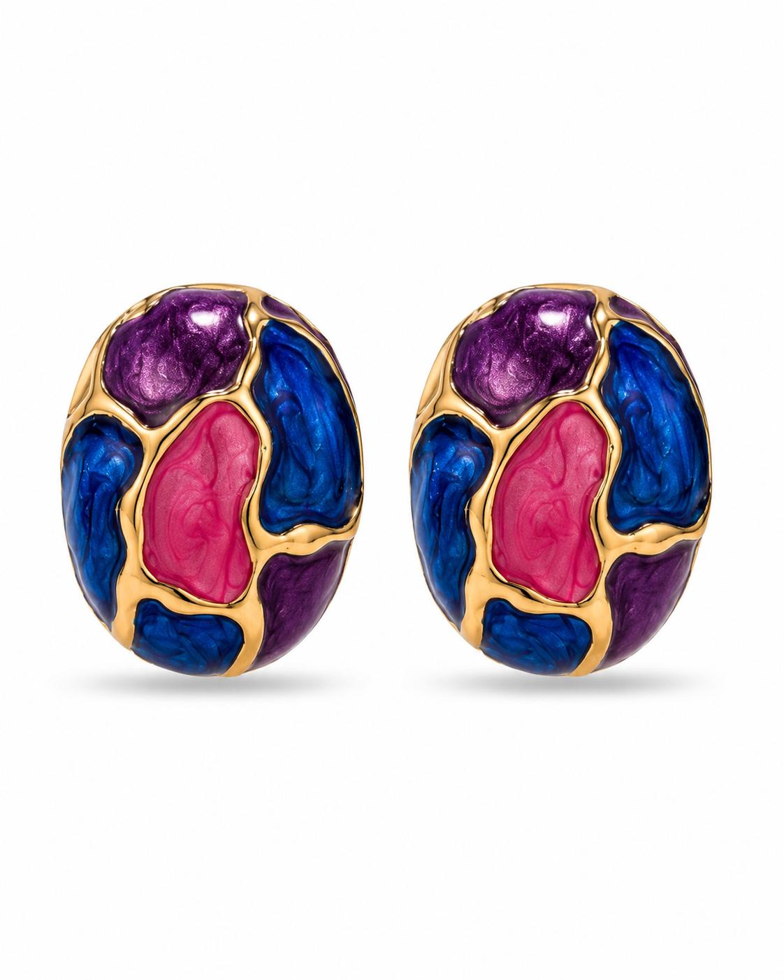 Chunky oval enamel stud earrings in cobalt blue, fuchsia pink and amethyst purple mosaic with gold veining — pair on white background