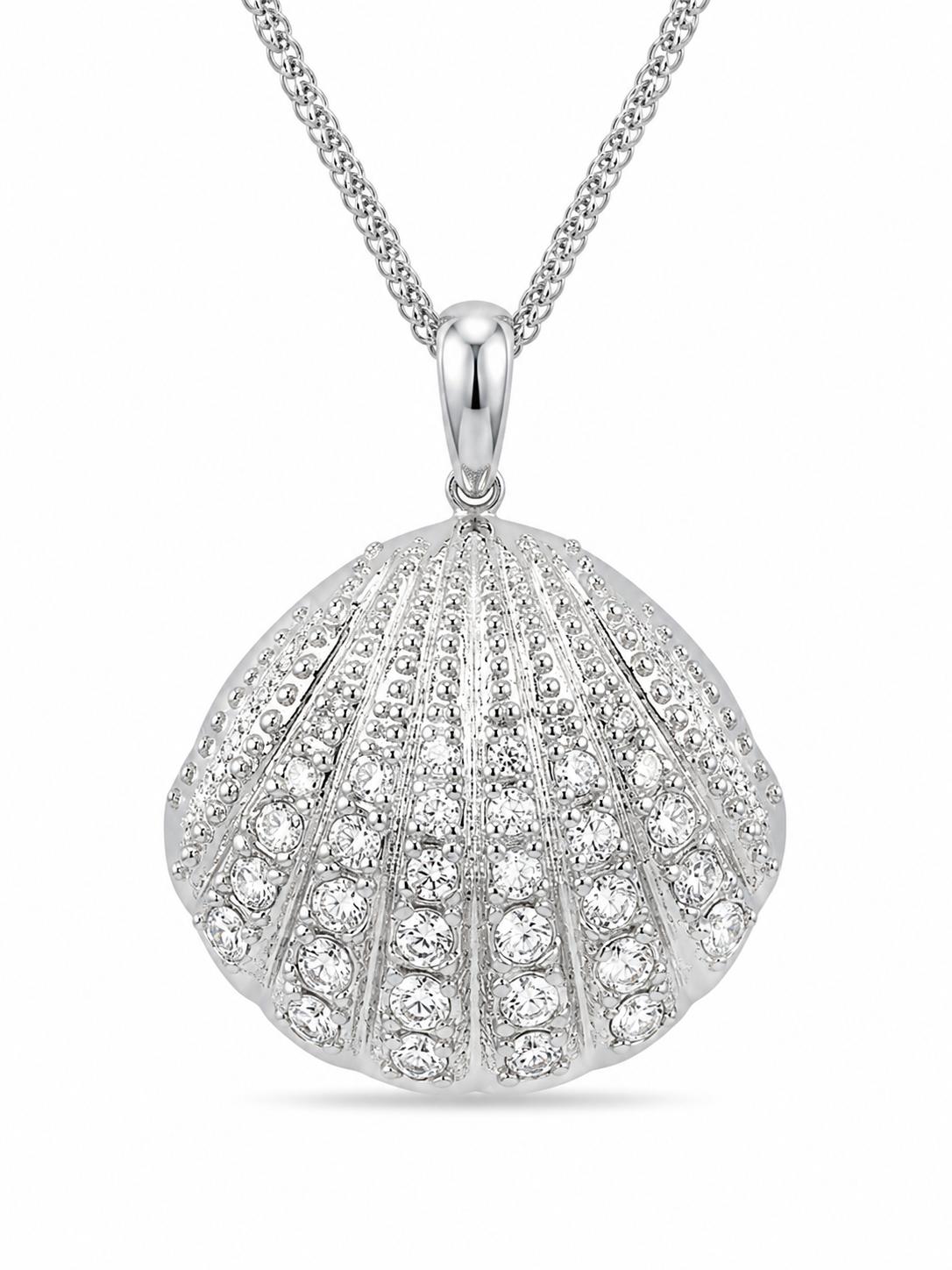 3D pavé CZ encrusted scallop shell pendant necklace on double curb chain in rhodium-plated silver — white background