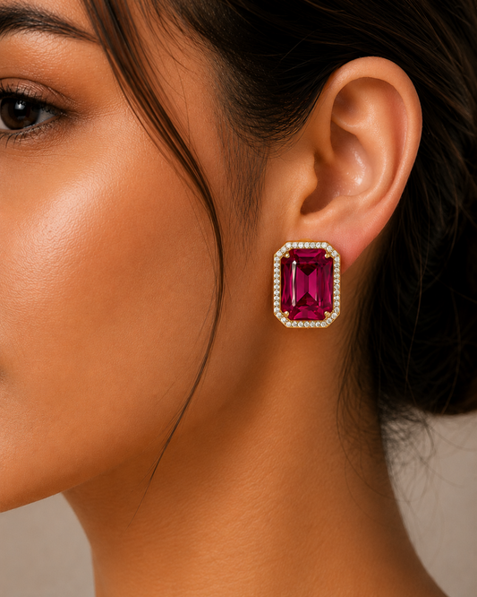 Gold Plated Earrings, Ruby Red earrings, statement earrings for women, party wear earrings, wedding jewellery, emerald cut earrings, Kia Glitz earrings