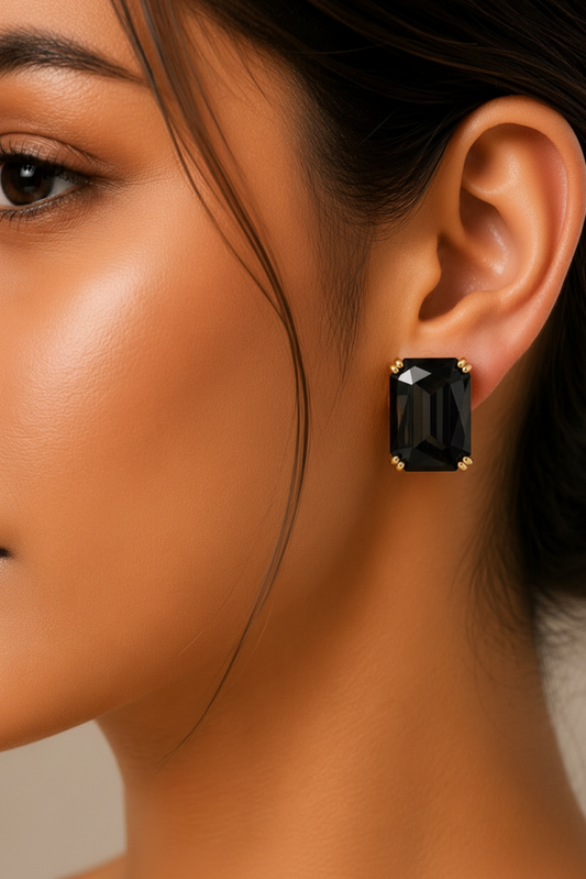 black stud earrings, crystal stud earrings, minimalist earrings, black gemstone earrings, gold plated earrings, premium earrings, earrings for women, earrings for girls, Kia Glitz earrings
