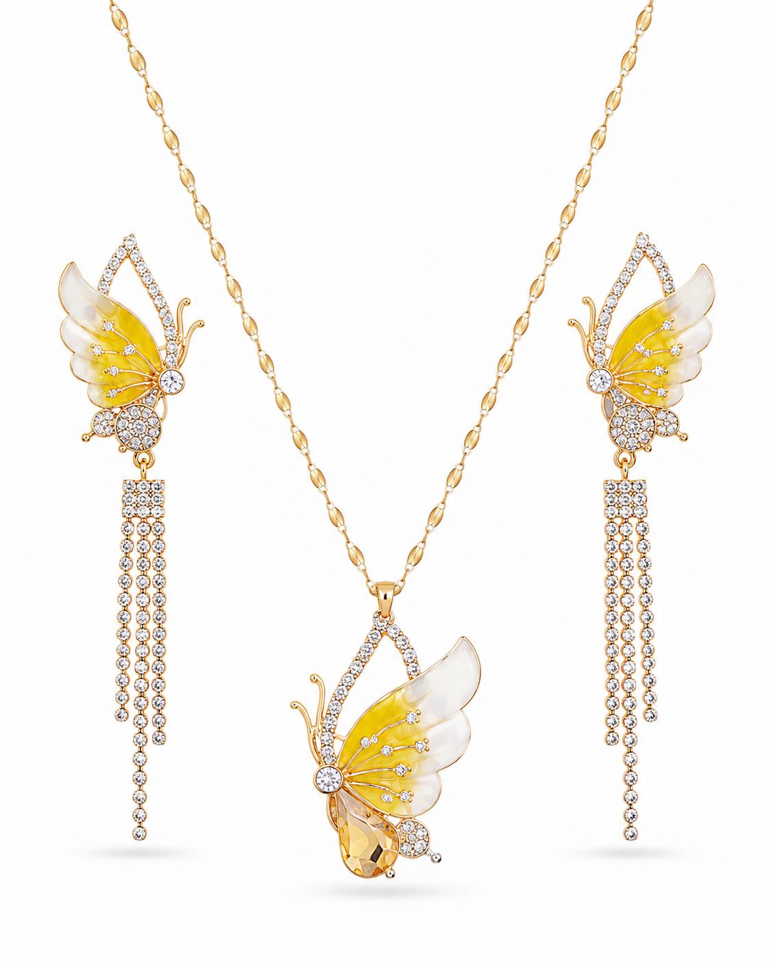 Yellow and ivory ombre butterfly CZ pendant necklace and matching CZ multi-strand chain tassel drop earring set in 18K gold plating — on white background