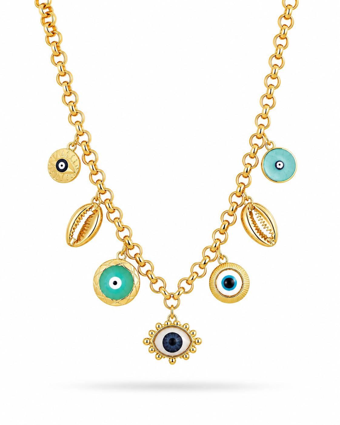 18K gold-plated evil eye multi-charm necklace with 7 charms including teal enamel evil eye discs, cowrie shells and sunburst nazar pendant on rolo chain — white background