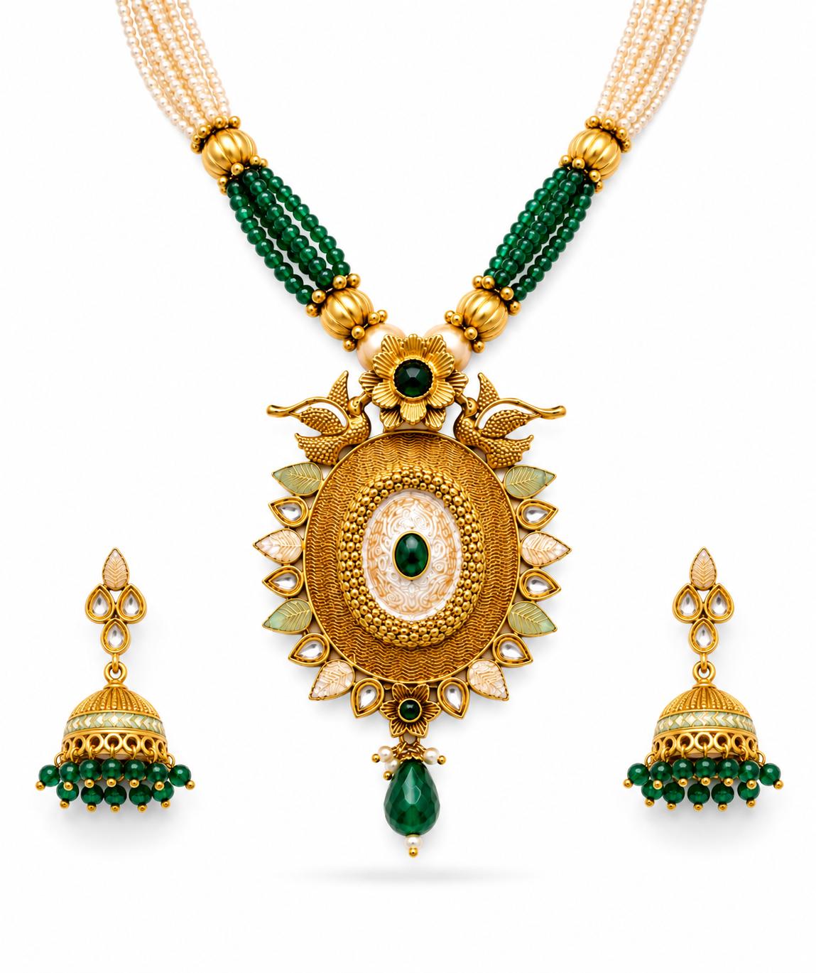 Vrindavan Antique Gold-Plated Kundan Emerald Peacock Necklace & Jhumka Earring Bridal Set — Kia Glitz