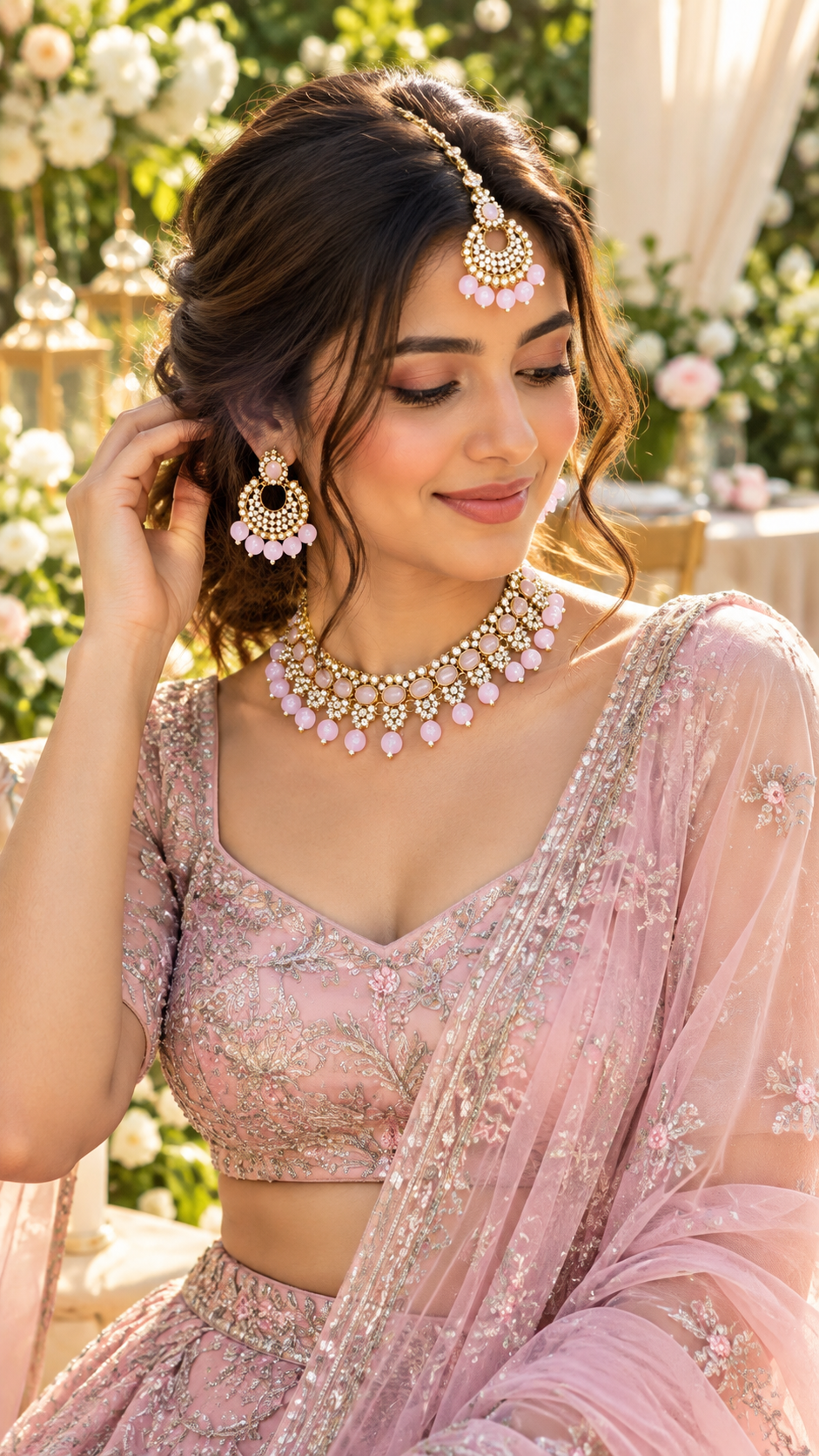 Antique Gold Rose Pink Bridal Jewellery Set Necklace Earrings Forehead Chain CZ Pave Wedding Set