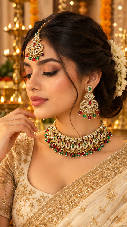 Antique Gold Ruby Red Emerald Green Cabochon Bead Fringe Bridal Jewellery Set Necklace Earrings Forehead Chain