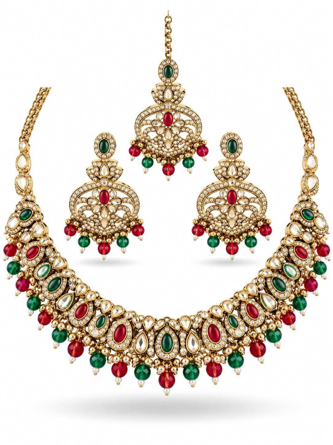 Antique Gold Ruby Red Emerald Green Cabochon Bead Fringe Bridal Jewellery Set Necklace Earrings Forehead Chain