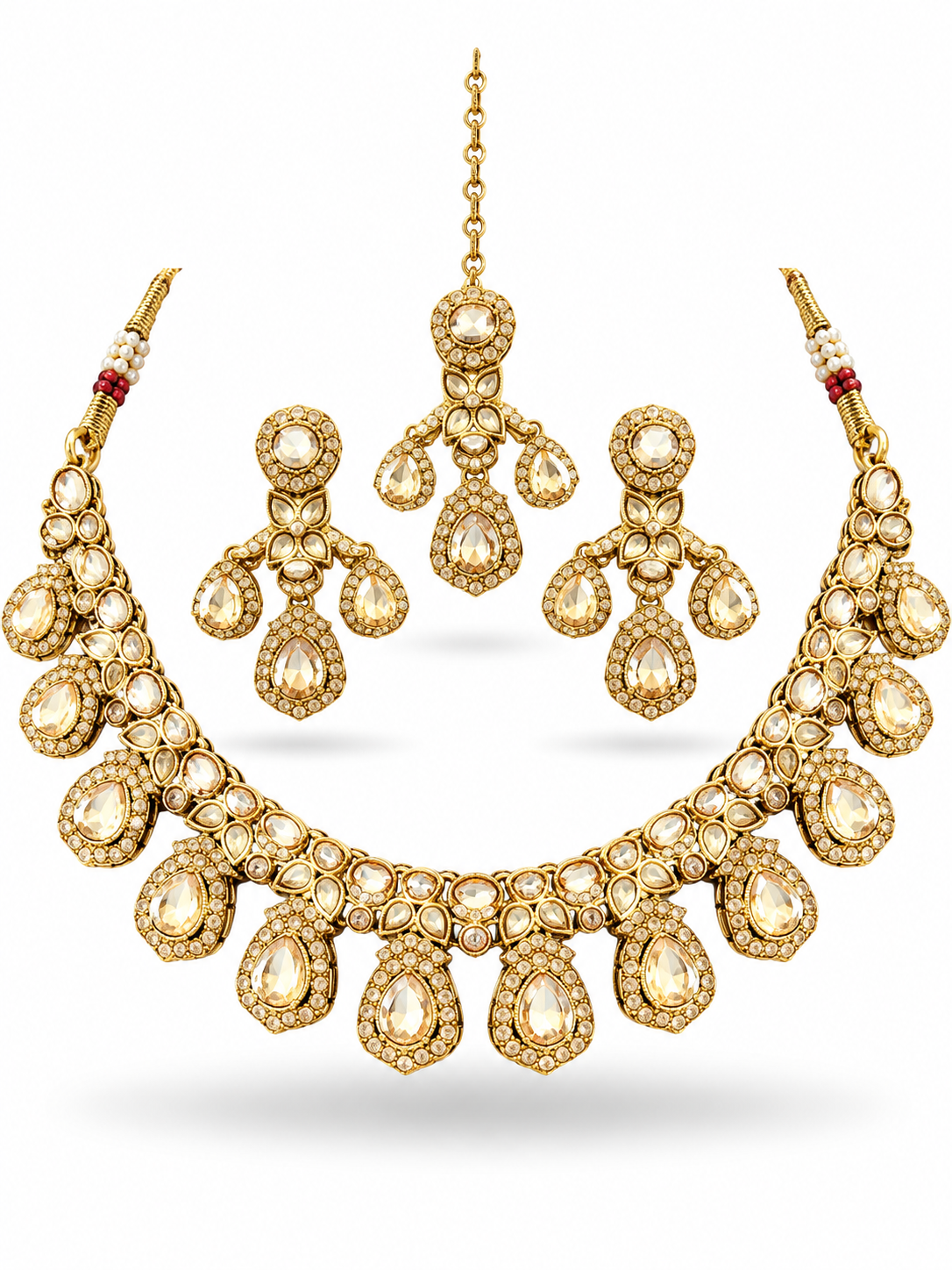 Antique Gold Champagne Polki Flat Stone CZ Pave Bridal Jewellery Set Necklace Earrings Forehead Chain