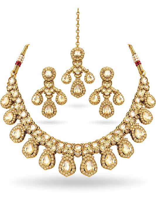 Antique Gold Champagne Polki Flat Stone CZ Pave Bridal Jewellery Set Necklace Earrings Forehead Chain