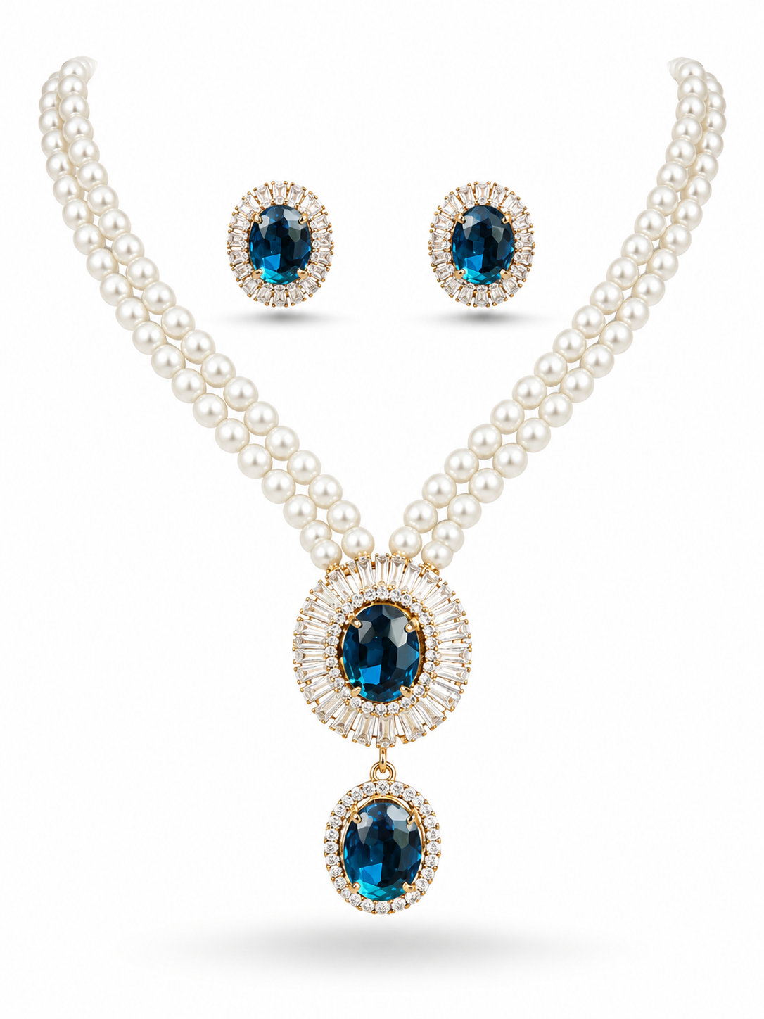 Gold Pearl Necklace Set Sapphire Blue CZ Baguette Halo Double Drop Pendant Stud Earrings Bridal Wedding Set