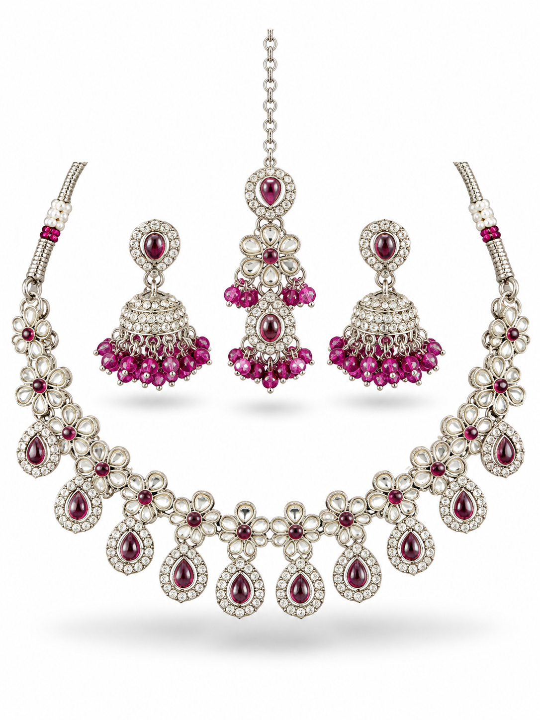 Ruby Magenta Cabochon CZ Pave Bridal Jewellery Set Necklace Earrings Forehead Chain Wedding Set