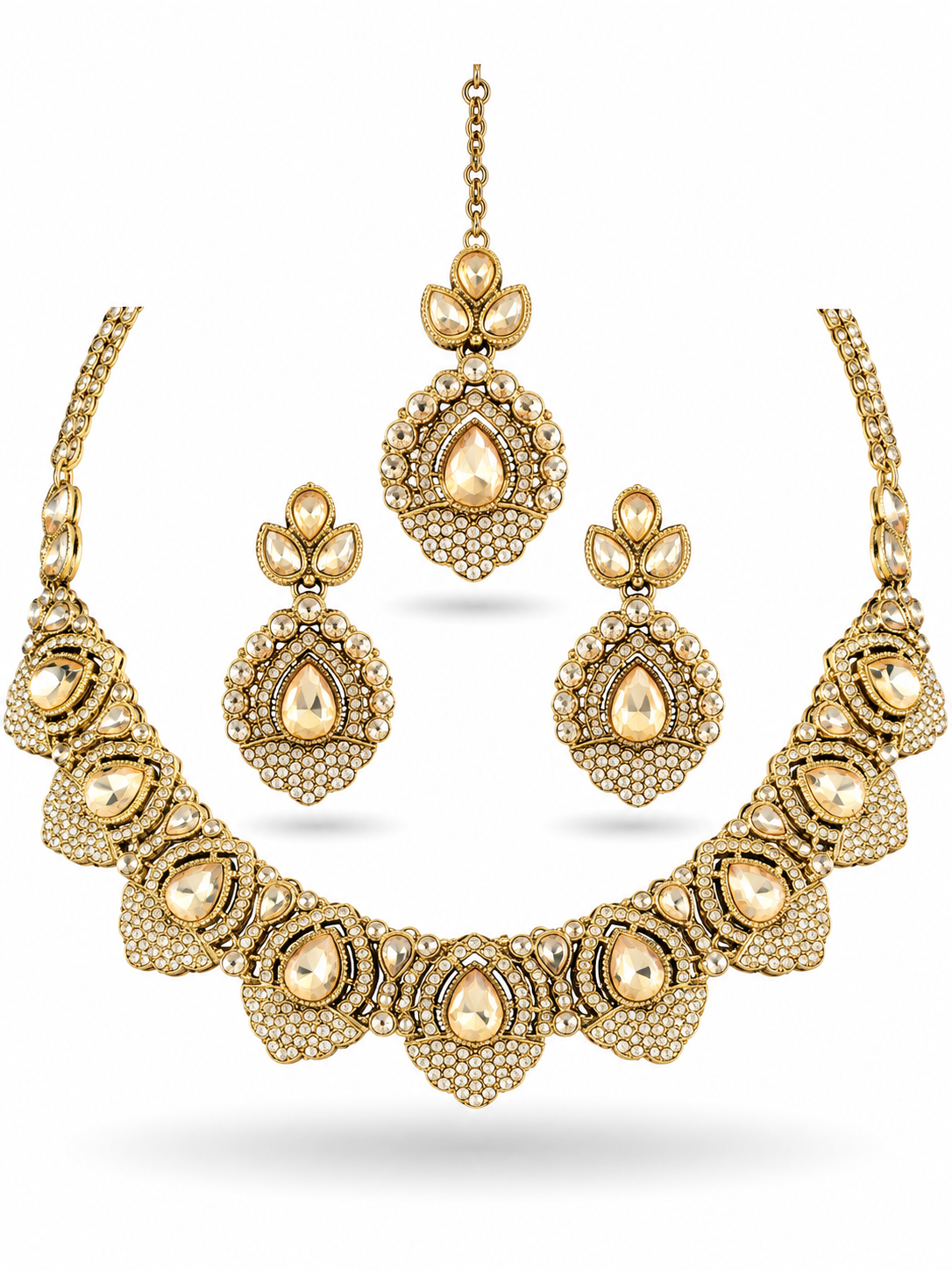 Antique Gold Champagne Pear Mirror Stone CZ Pave Traditional Indian Bridal Necklace Jewellery Set Forehead Chain Wedding