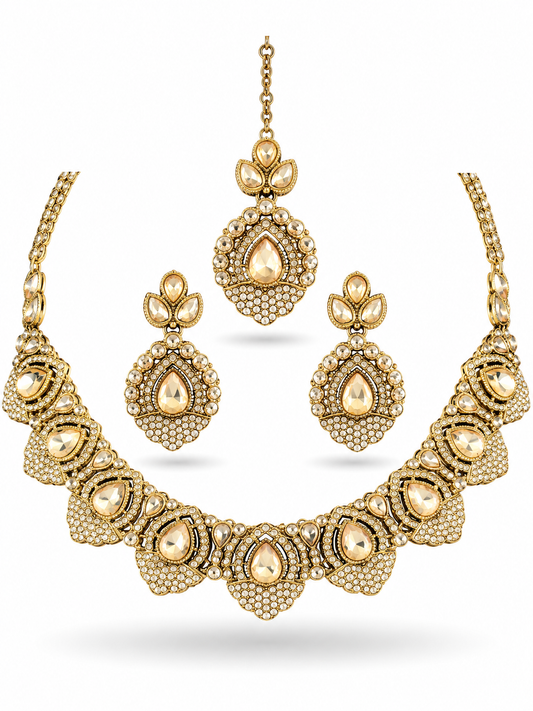 Antique Gold Champagne Pear Mirror Stone CZ Pave Traditional Indian Bridal Necklace Jewellery Set Forehead Chain Wedding