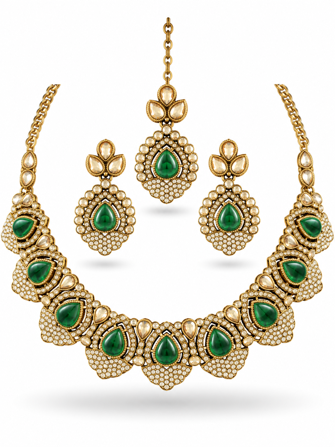 Antique Gold Emerald Green Pear Cabochon CZ Pave Traditional India Bridal Jewellery Necklace Set Forehead Chain Wedding
