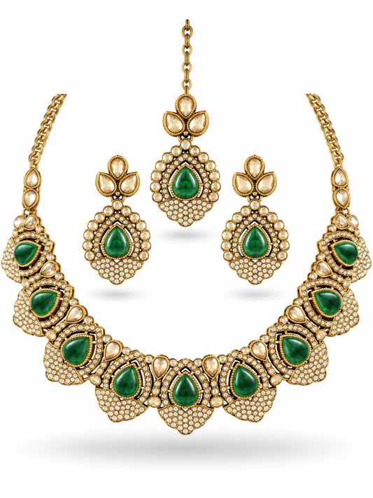 Antique Gold Emerald Green Pear Cabochon CZ Pave Traditional India Bridal Jewellery Necklace Set Forehead Chain Wedding