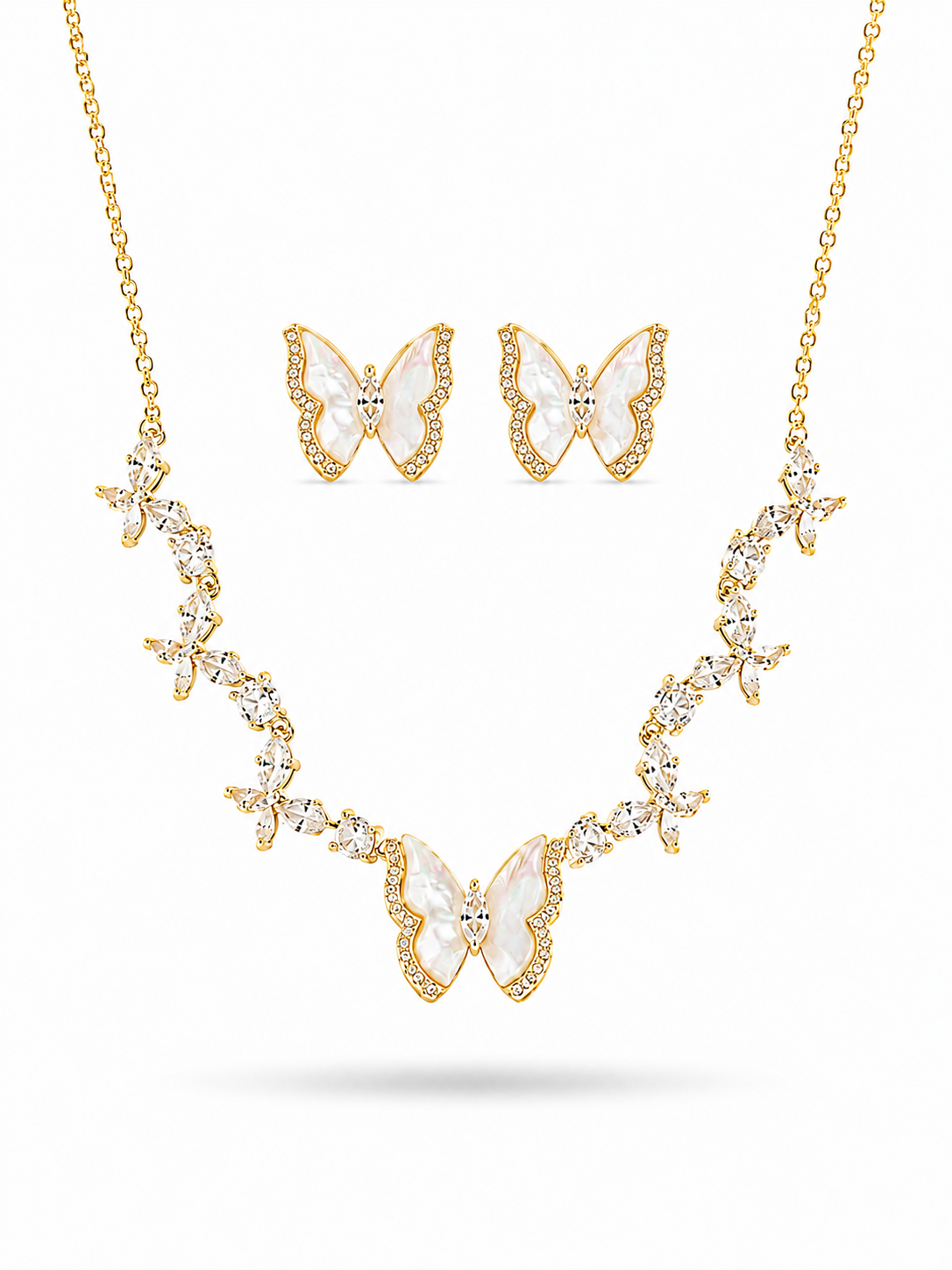 Papillon Gold-Plated Mother-of-Pearl Butterfly Necklace and Earring Set with Pavé CZ by Kia Glitz