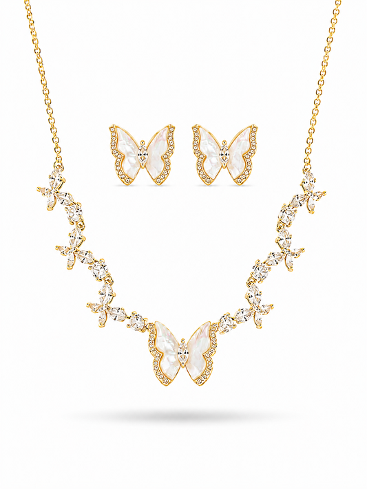 Papillon Gold-Plated Mother-of-Pearl Butterfly Necklace and Earring Set with Pavé CZ by Kia Glitz