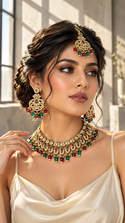 Antique Gold Ruby Red Emerald Green Cabochon Bead Fringe Bridal Jewellery Set Necklace Earrings Forehead Chain