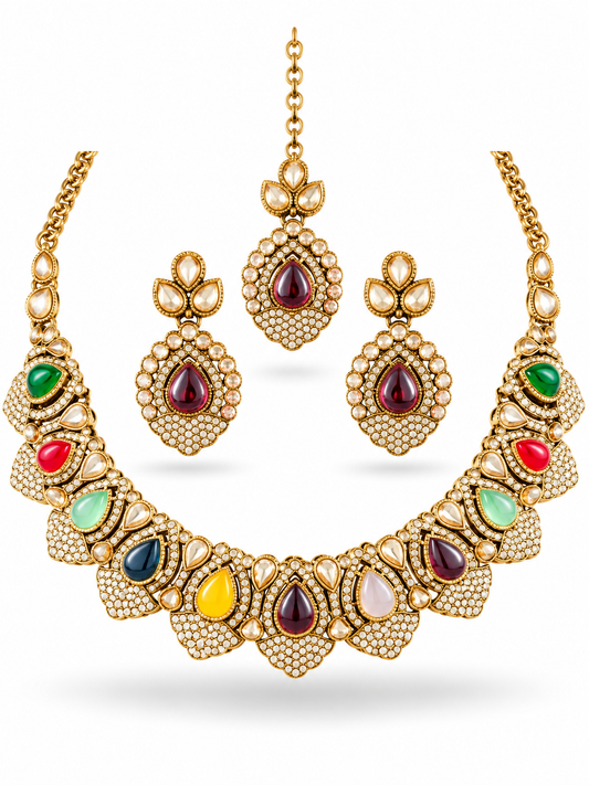Antique Gold Multi-Colour Gemstone Cabochon CZ Pave Bridal Jewellery Set Necklace Earrings Forehead Chain