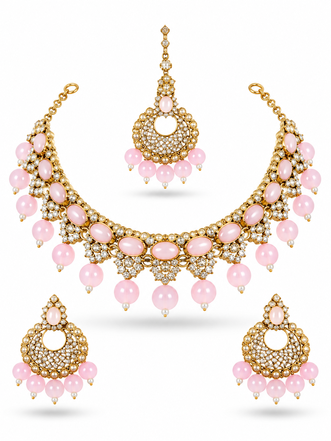 Antique Gold Rose Pink Bridal Jewellery Set Necklace Earrings Forehead Chain CZ Pave Wedding Set