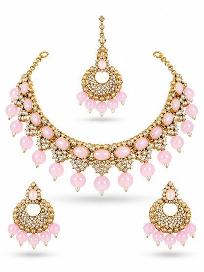 Antique Gold Rose Pink Bridal Jewellery Set Necklace Earrings Forehead Chain CZ Pave Wedding Set