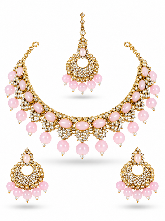 Antique Gold Rose Pink Bridal Jewellery Set Necklace Earrings Forehead Chain CZ Pave Wedding Set