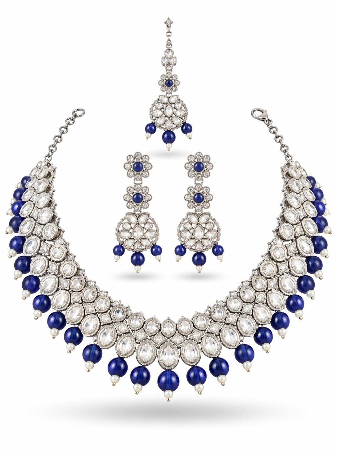 Silver Royal Blue Bridal Jewellery Set Scallop Collar Necklace Drop Earrings Forehead Chain White Stone Wedding Set