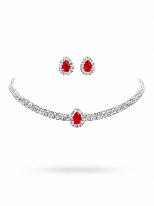 Red Pear Tennis Choker Necklace Set