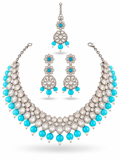 Silver Turquoise Bridal Jewellery Set Scallop Collar Necklace Drop Earrings with Maang Teeka White Mirror Stone CZ Wedding Set