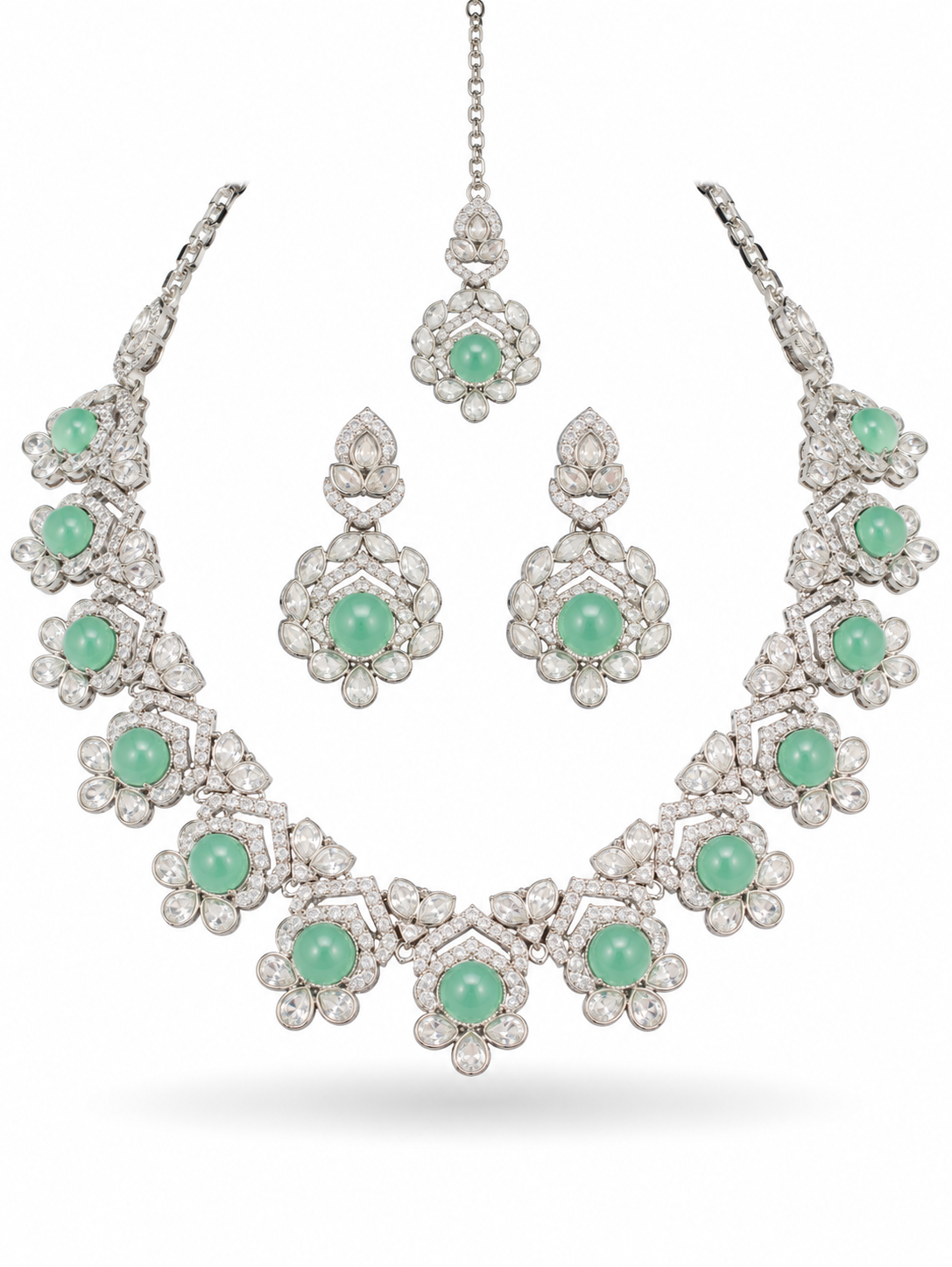 Mint Green CZ Floral Traditional Necklace Jewellery Set Forehead Chain Wedding Set