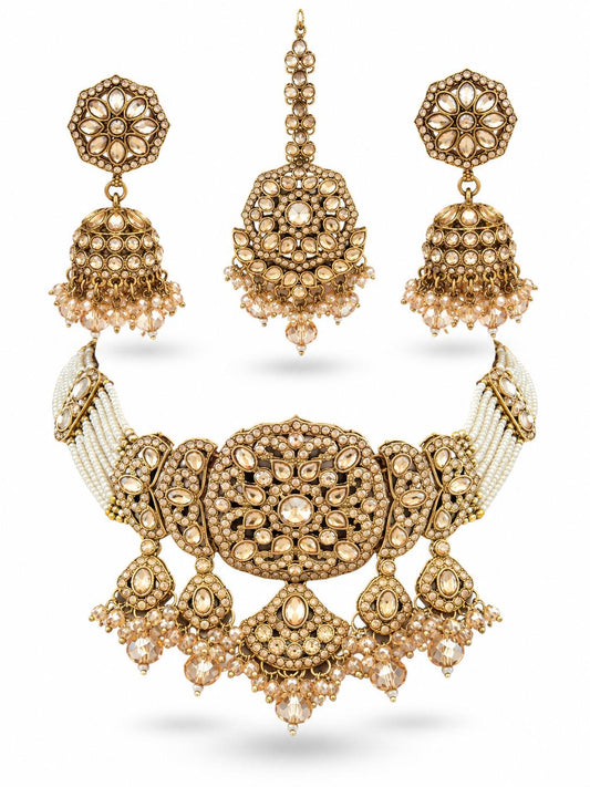 Antique Gold Champagne Flat Stone Oval Medallion Pearl Strand Bridal Jewellery Set Necklace Dome Bell Earrings Forehead Chain