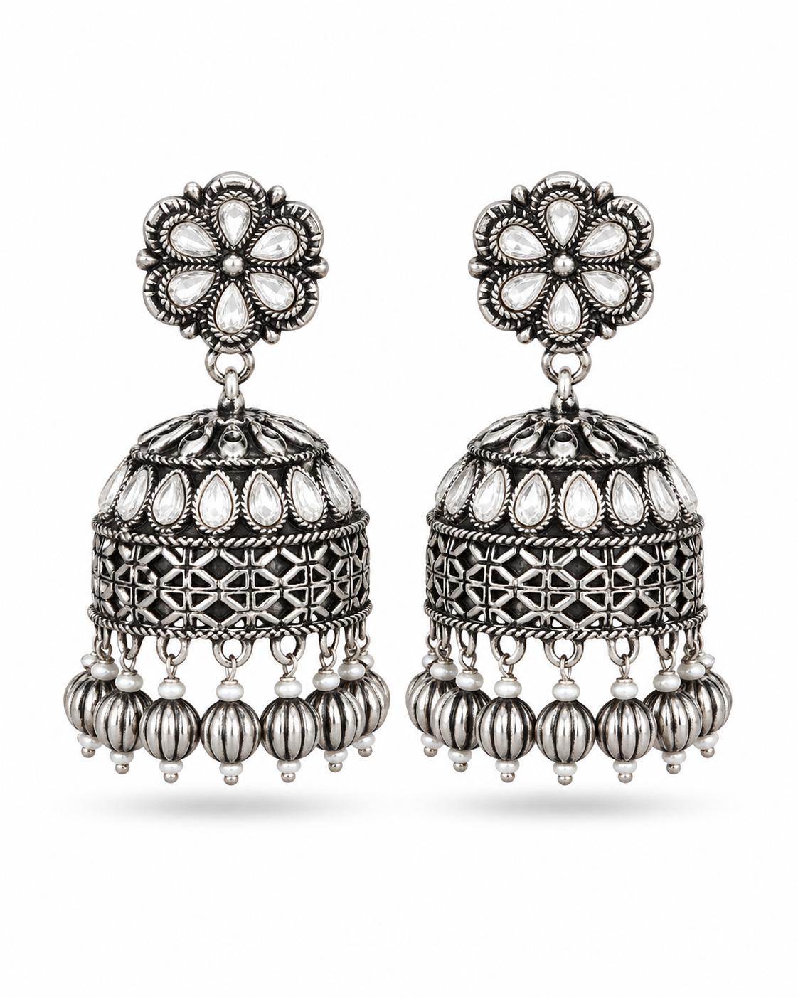 Shop oxidised silver Kundan Jhumka earrings with pearl bead fringe. Handcrafted traditional Indian ethnic jewellery. Perfect for festive & wedding