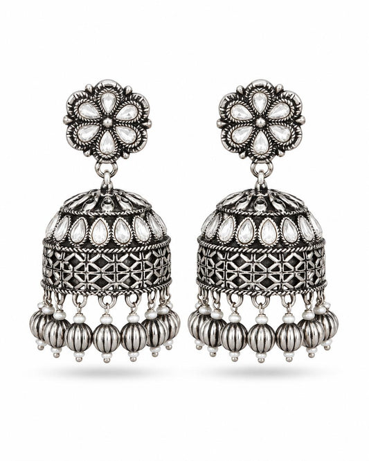Shop oxidised silver Kundan Jhumka earrings with pearl bead fringe. Handcrafted traditional Indian ethnic jewellery. Perfect for festive & wedding