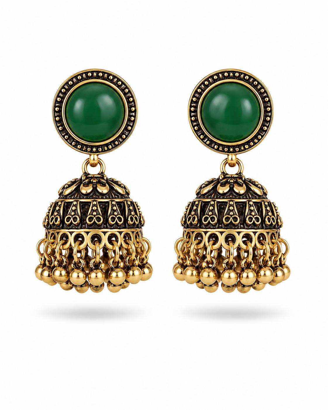 Antique gold jhumka earrings with emerald green cabochon top and ghungroo bead fringe — pair on white background