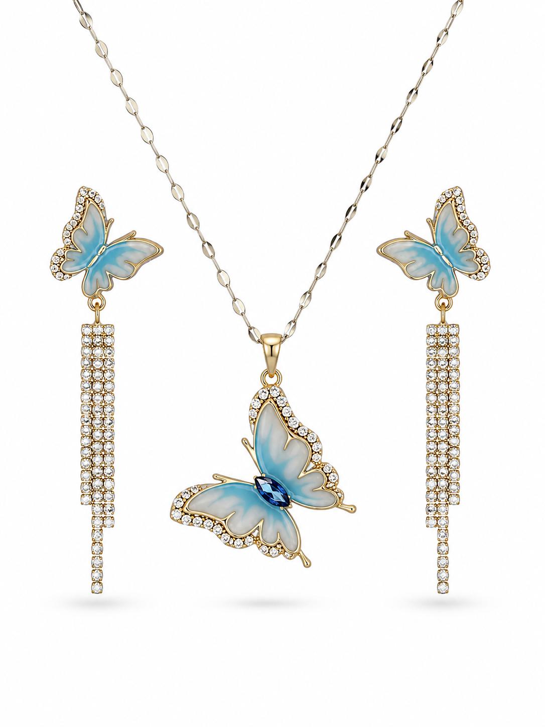 Blue butterfly CZ pendant necklace and matching CZ bar tassel drop earring set in gold plating — on white background