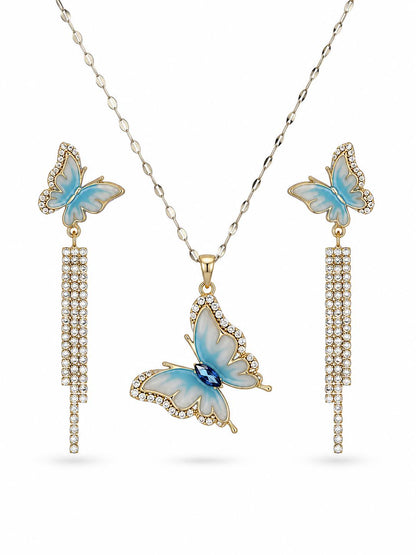 Blue butterfly CZ pendant necklace and matching CZ bar tassel drop earring set in gold plating — on white background