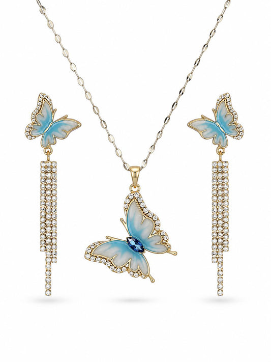 Blue butterfly CZ pendant necklace and matching CZ bar tassel drop earring set in gold plating — on white background