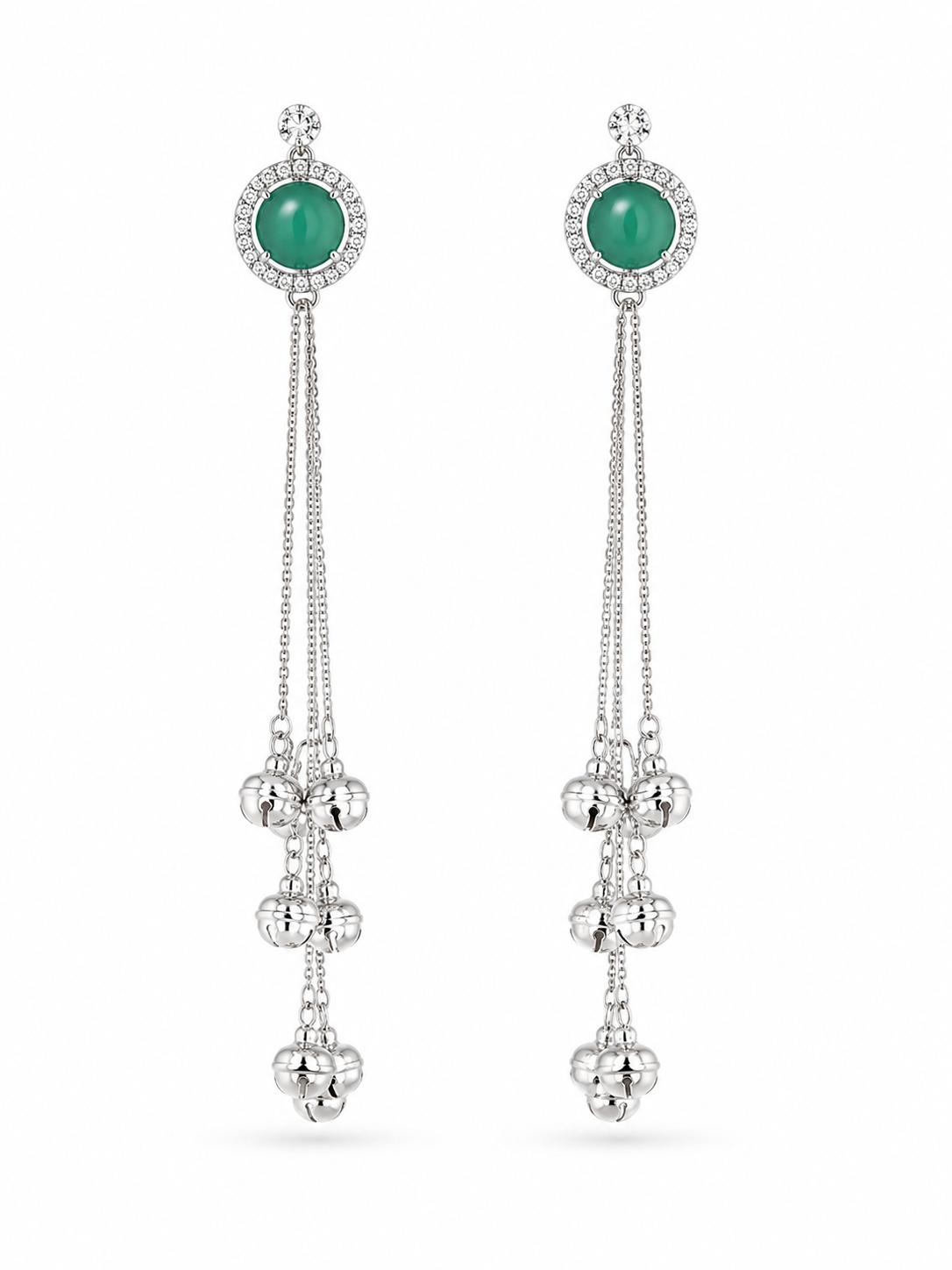 Silver CZ halo emerald drop tassel earrings with staggered ghungroo clusters on three-strand chains — pair on white background