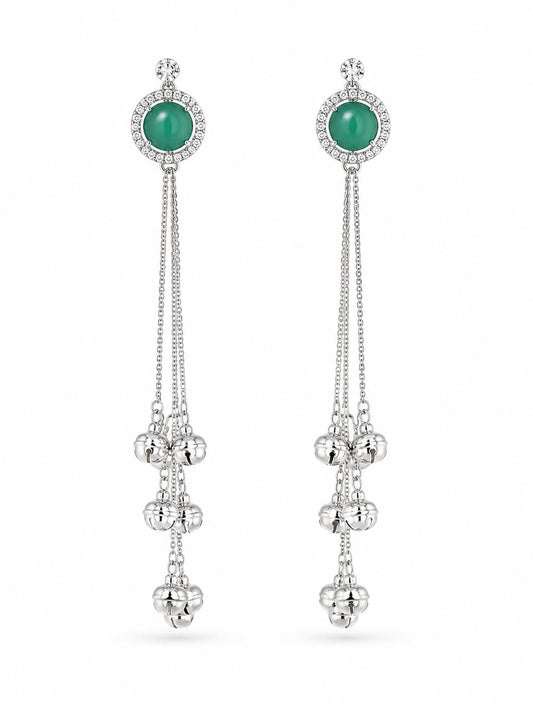 Silver CZ halo emerald drop tassel earrings with staggered ghungroo clusters on three-strand chains — pair on white background