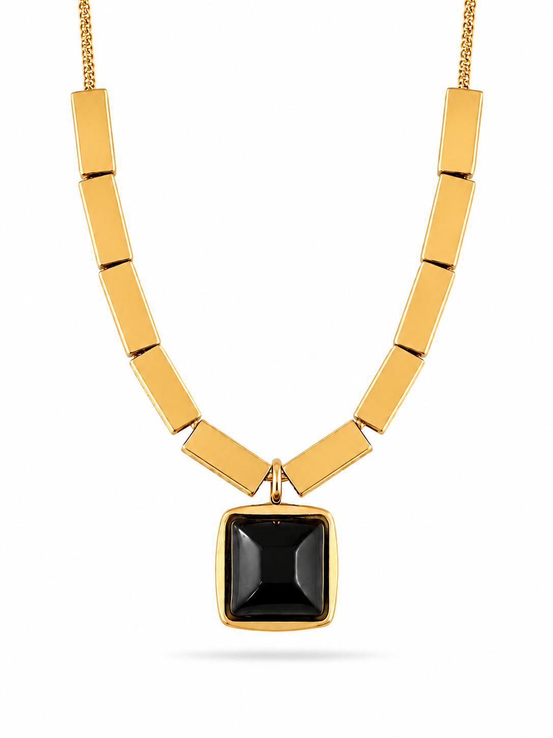 18K gold geometric rectangular bar link collar necklace with square black onyx cabochon pendant in bezel setting — white background