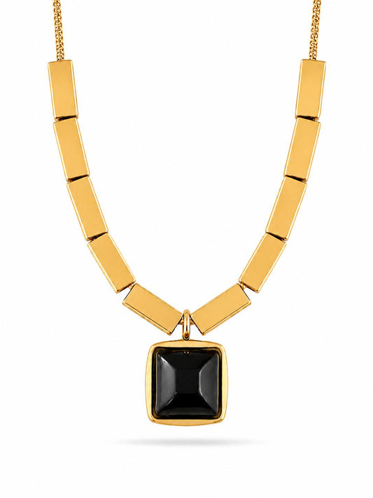 18K gold geometric rectangular bar link collar necklace with square black onyx cabochon pendant in bezel setting — white background