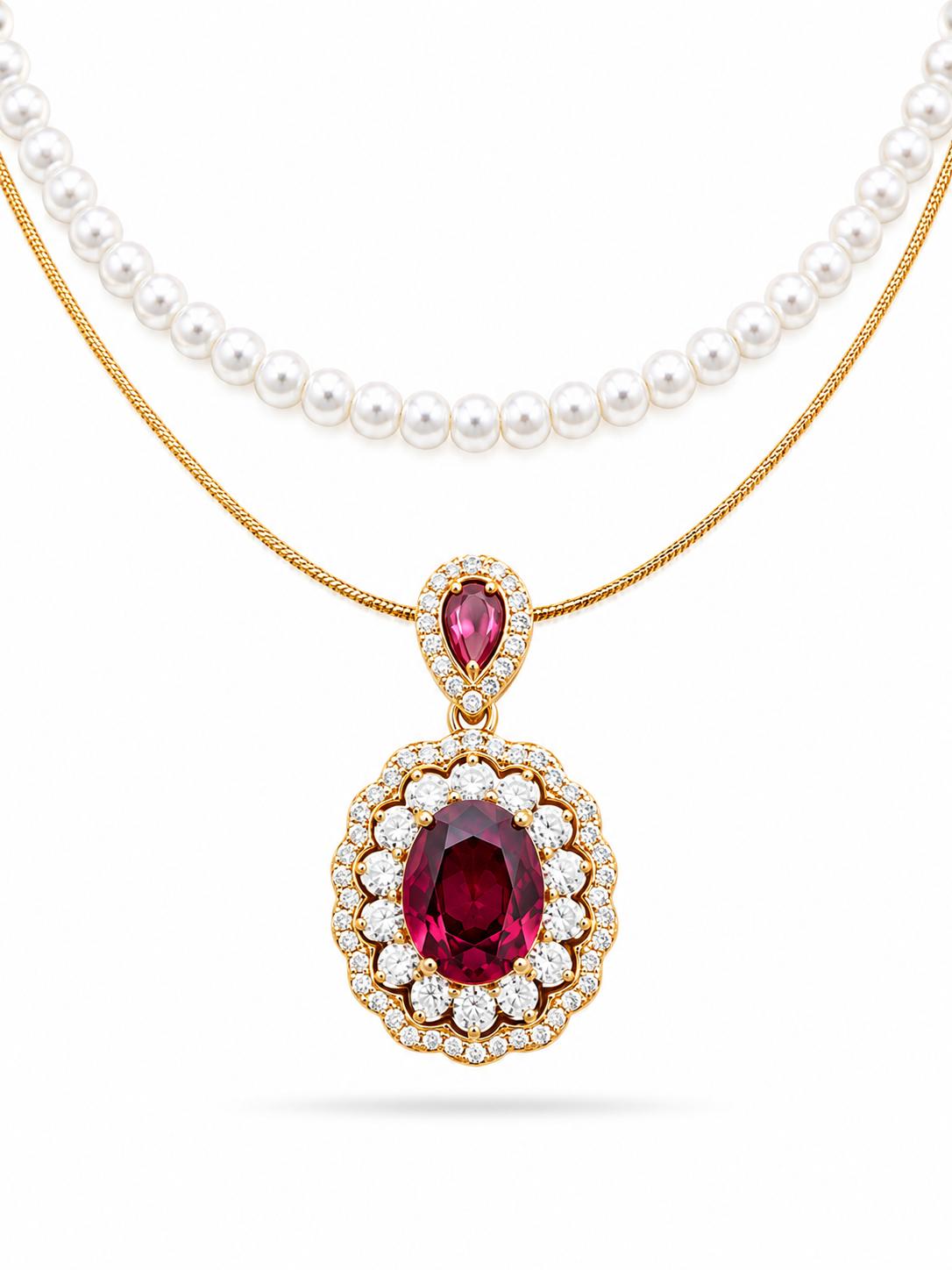 Ruby red oval CZ double halo pendant with pear cut ruby bail