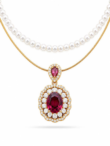 Ruby red oval CZ double halo pendant with pear cut ruby bail