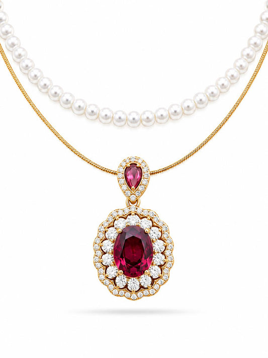 Ruby red oval CZ double halo pendant with pear cut ruby bail