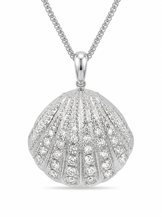3D pavé CZ encrusted scallop shell pendant necklace on double curb chain in rhodium-plated silver — white background