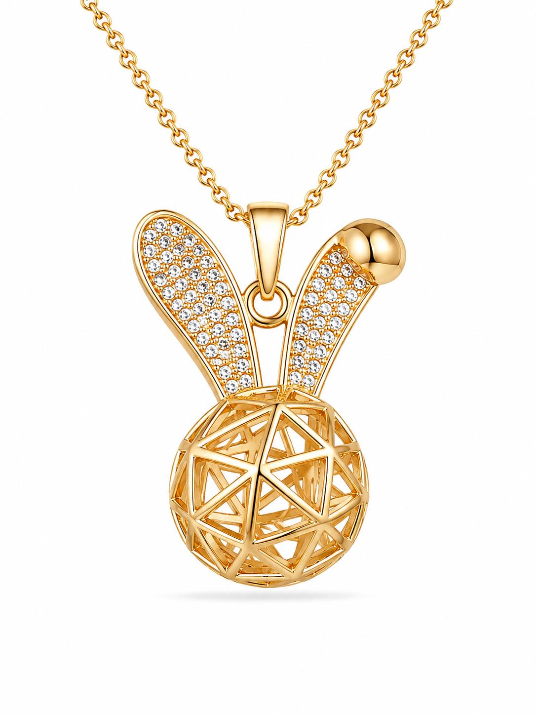 Bunny pendant necklace with pavé CZ left ear, polished gold orb right ear and hollow geodesic sphere body on rolo chain