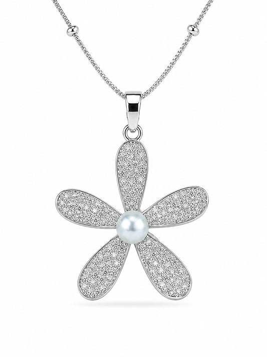 5-petal pavé CZ daisy flower pendant with faux pearl centre on satellite bead chain in rhodium silver-plated finish — white background
