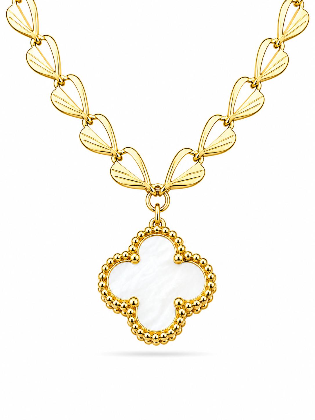 Lucky Clover Pendant with Engraved Fan-Link Collar Chain